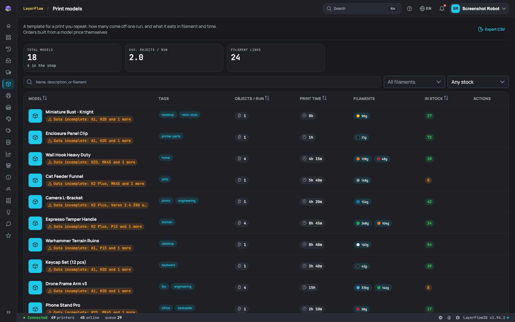 Print models in LayerFlow3D: pieces per run, print time and grams of filament for each model
