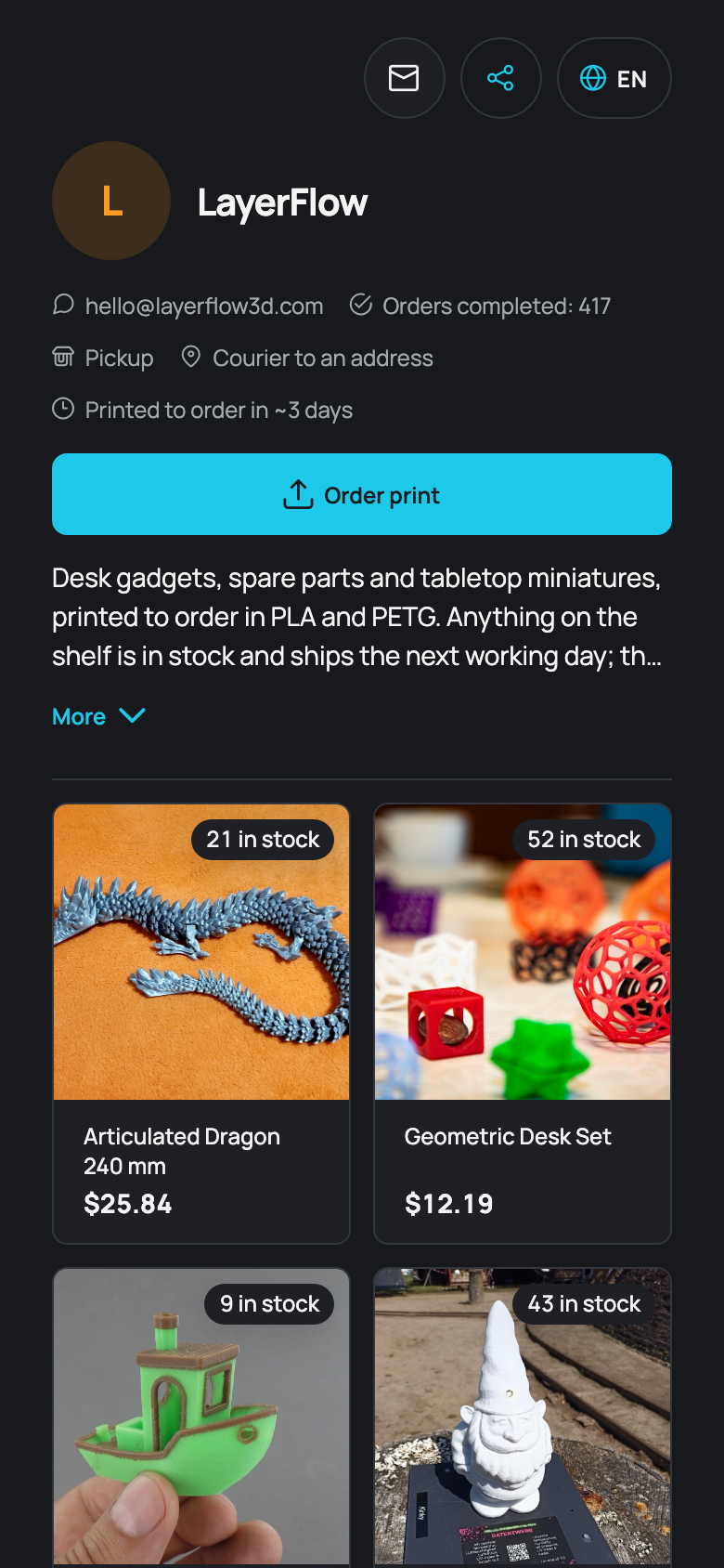 A LayerFlow3D storefront on a phone: the shop's logo, a grid of printed models with prices and shelf counts